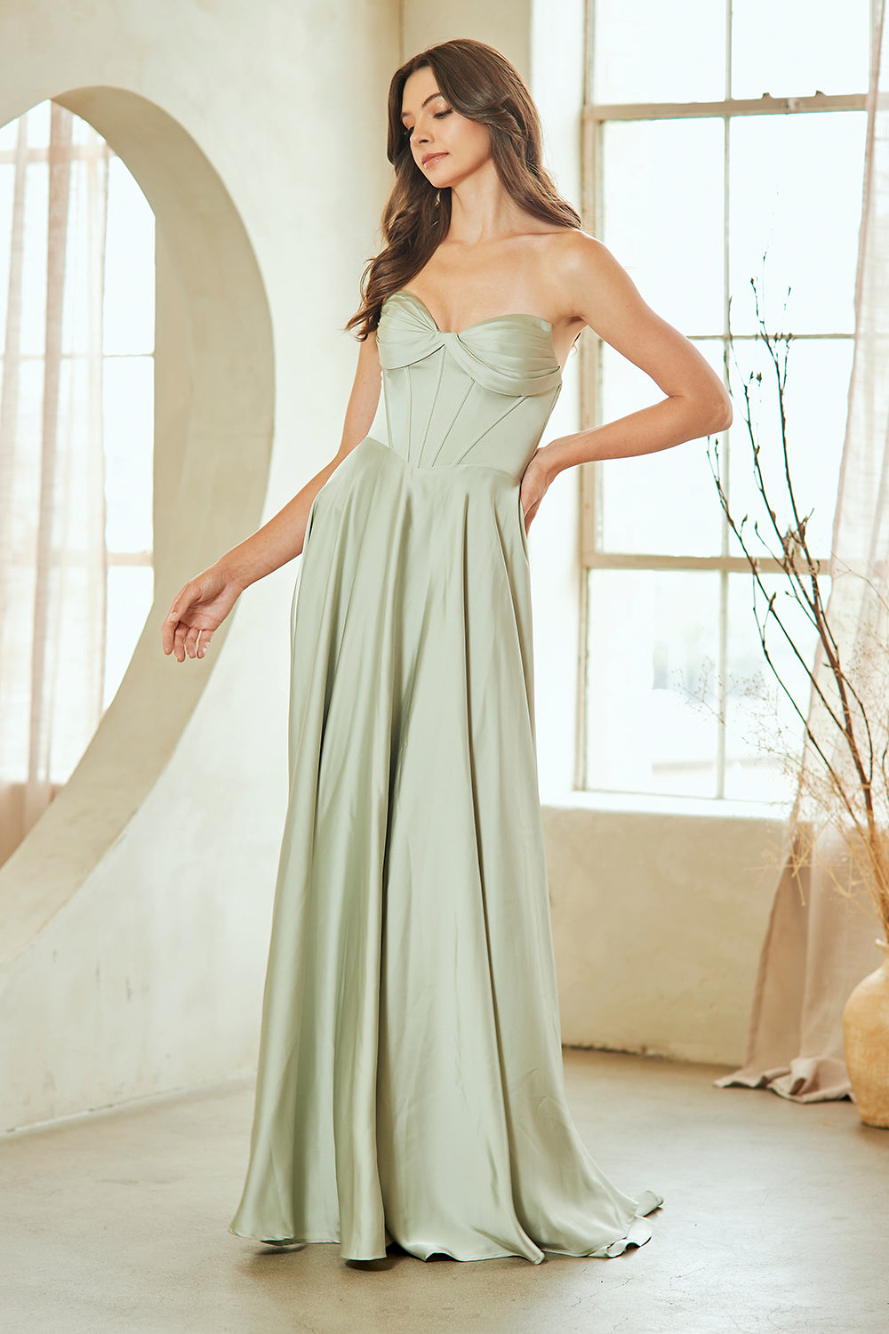 4053 strapless corset a-line gown, sage, front view
