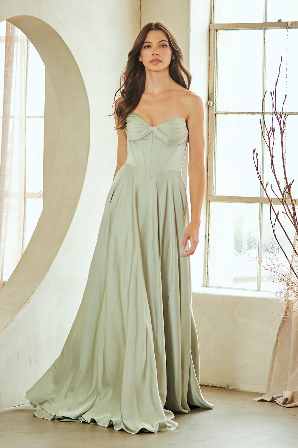4053 strapless corset a-line gown, sage, front view