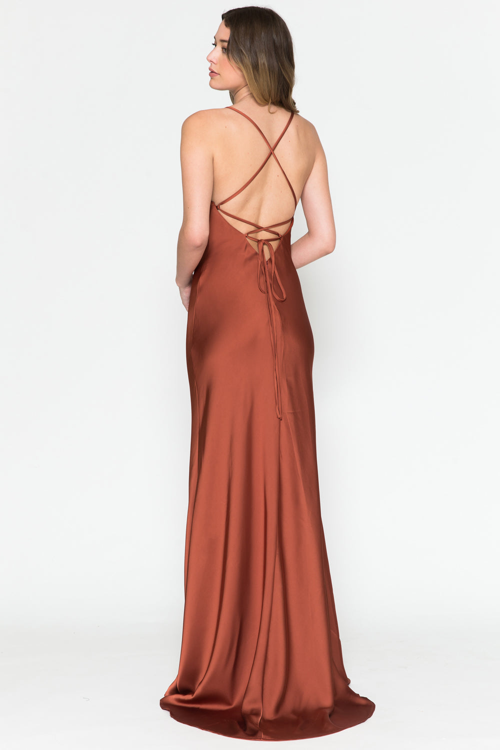 6111 cowl-neck lace-up evening gown, burnt orange, back view