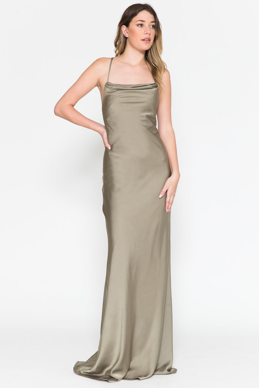 6111 cowl-neck lace-up evening gown, olive green, front view