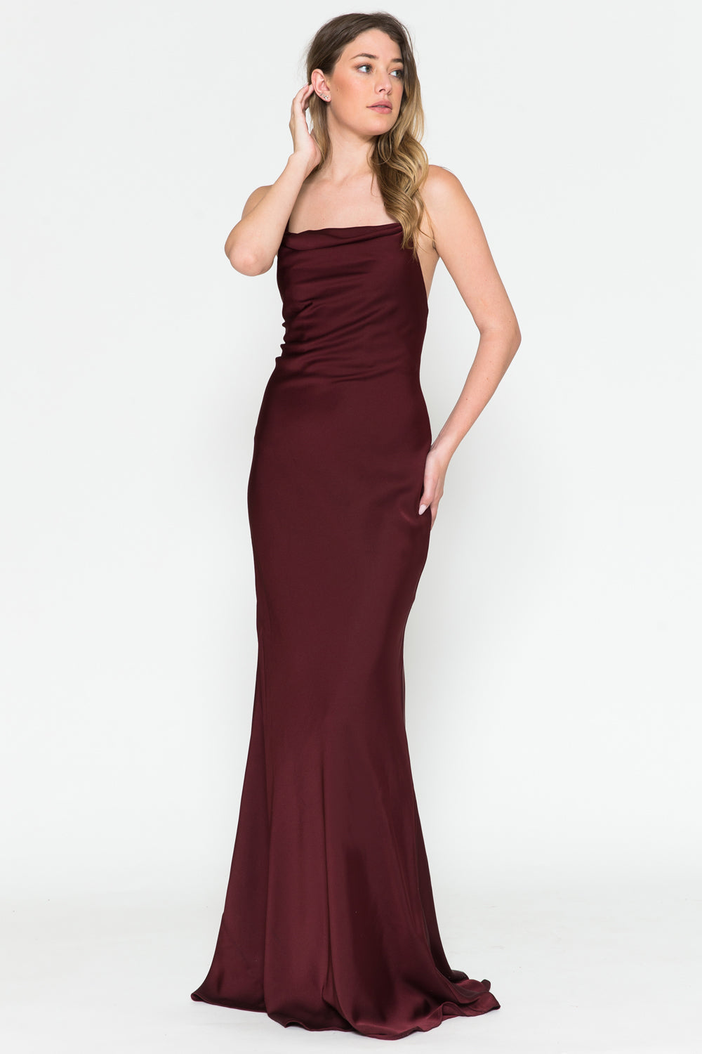 6111 cowl-neck lace-up evening gown, wine, front view