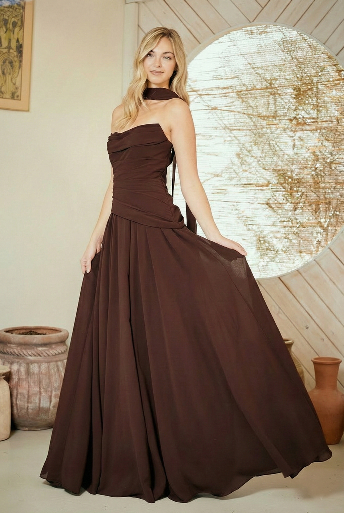 6133 strapless draped a-line evening gown, brown, front view