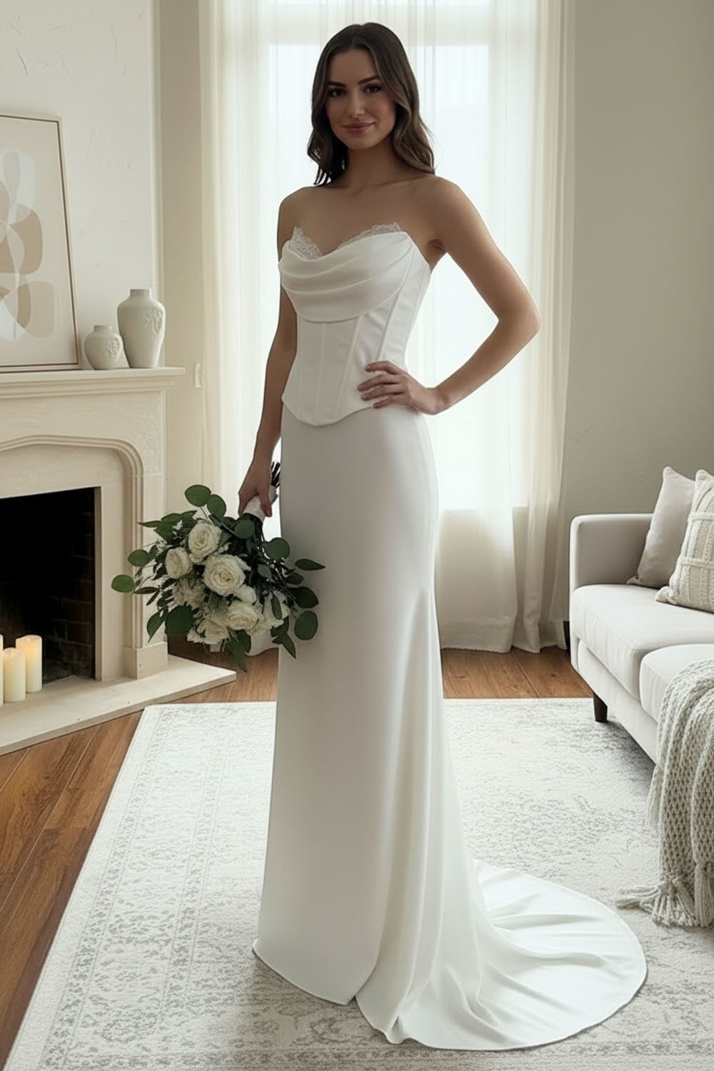6137 strapless draped corset bridal gown, white, front view