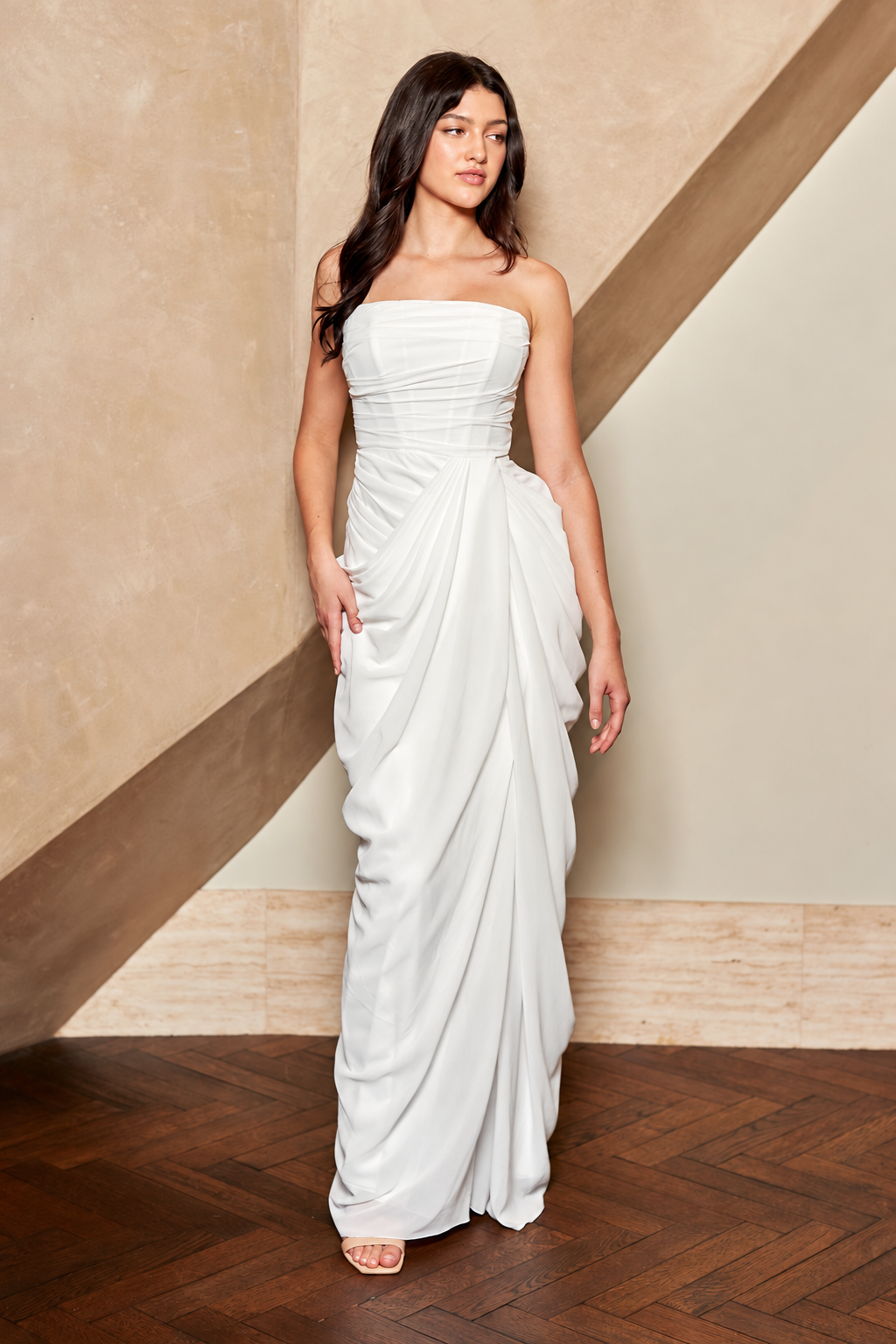 6149 strapless ruched evening gown, white, front view