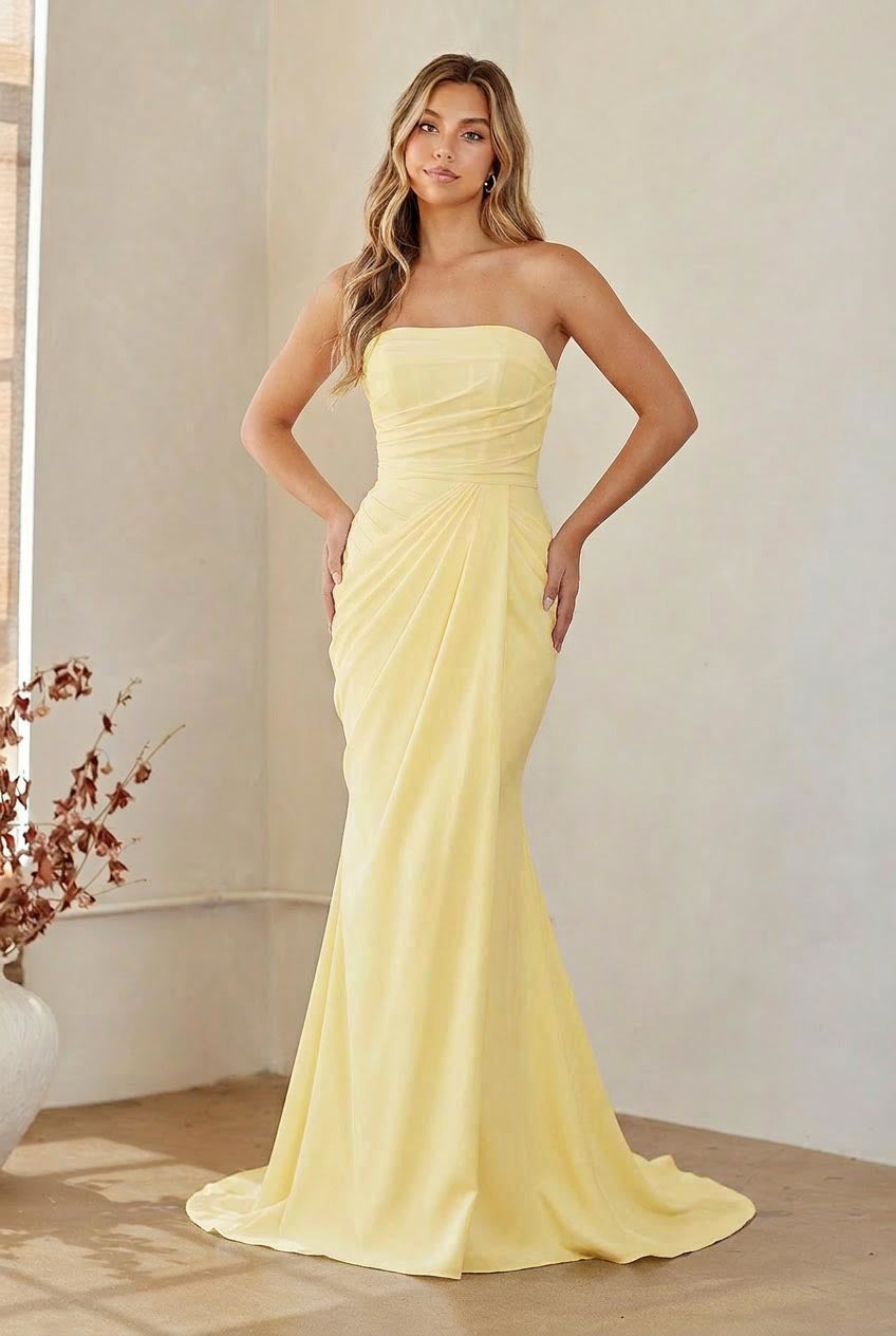 6149 strapless ruched evening gown, yellow, front view