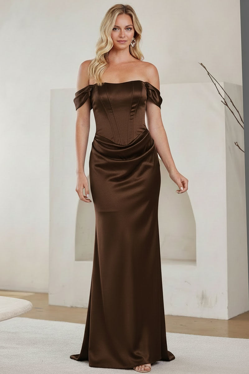 6151 off-shoulder draped evening gown, brown, front view
