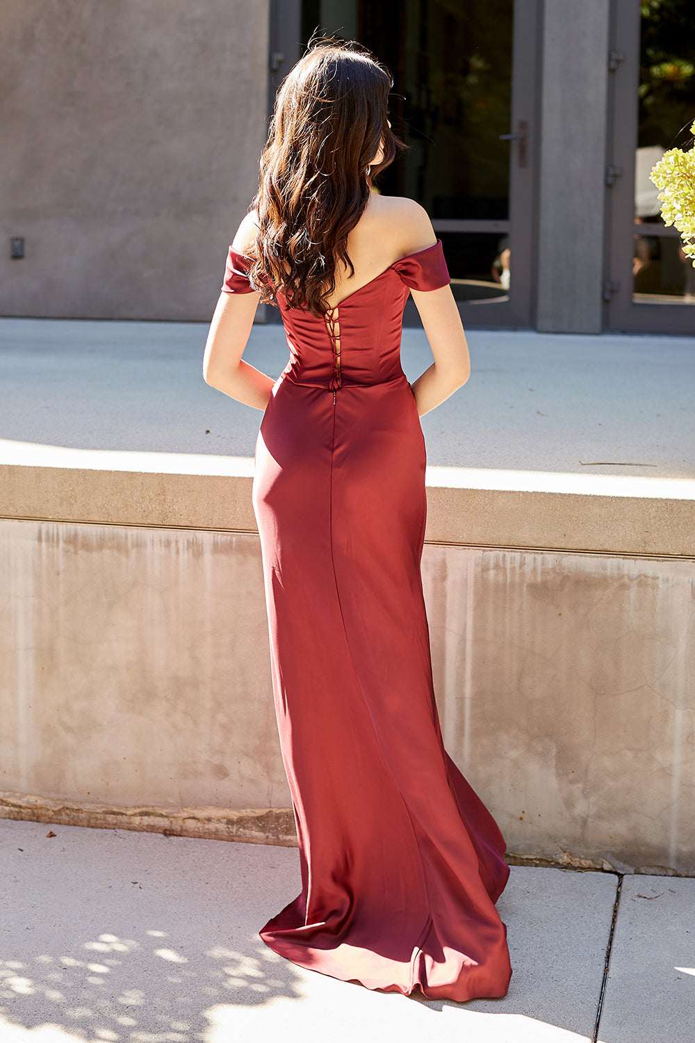 6151 off-shoulder draped evening gown, wine, back view