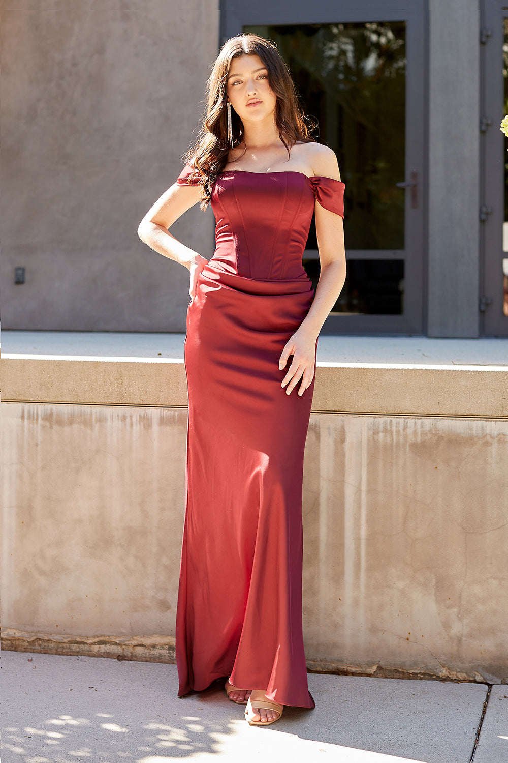 6151 off-shoulder draped evening gown, wine, front view