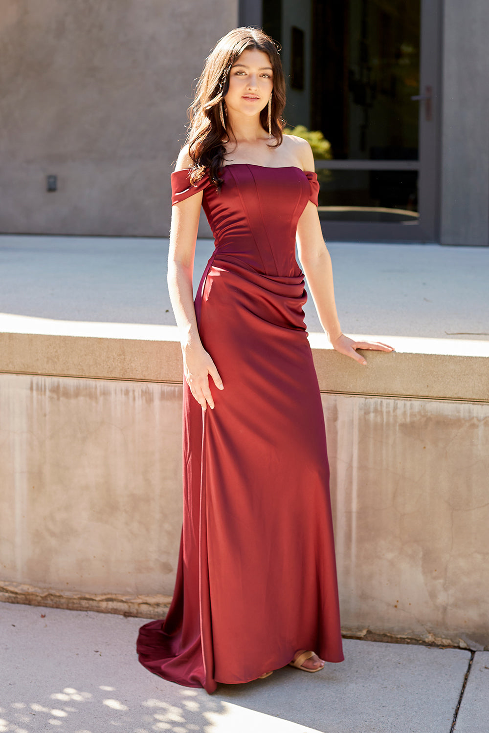 6151 off-shoulder draped evening gown, wine, front view