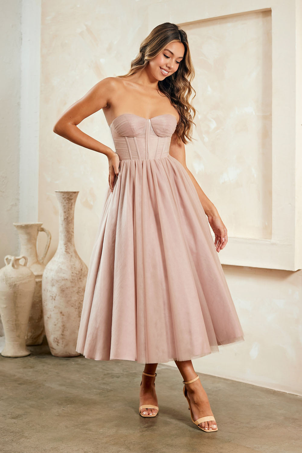 6203S strapless corset midi dress, dusty rose, front view