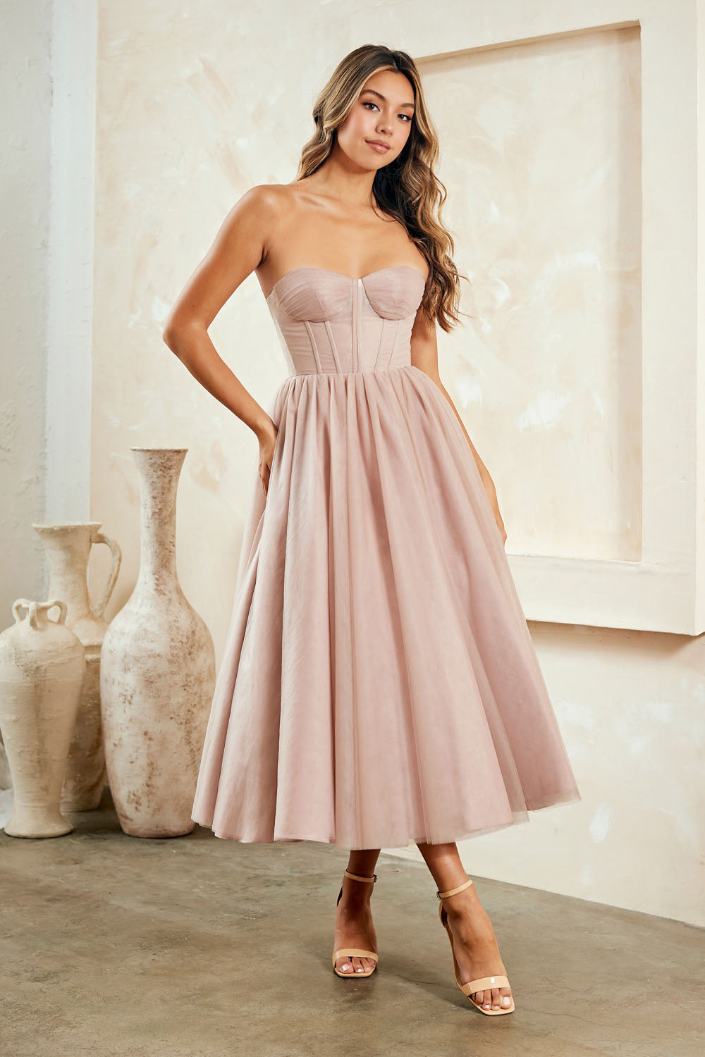 6203S strapless corset midi dress, dusty rose, front view