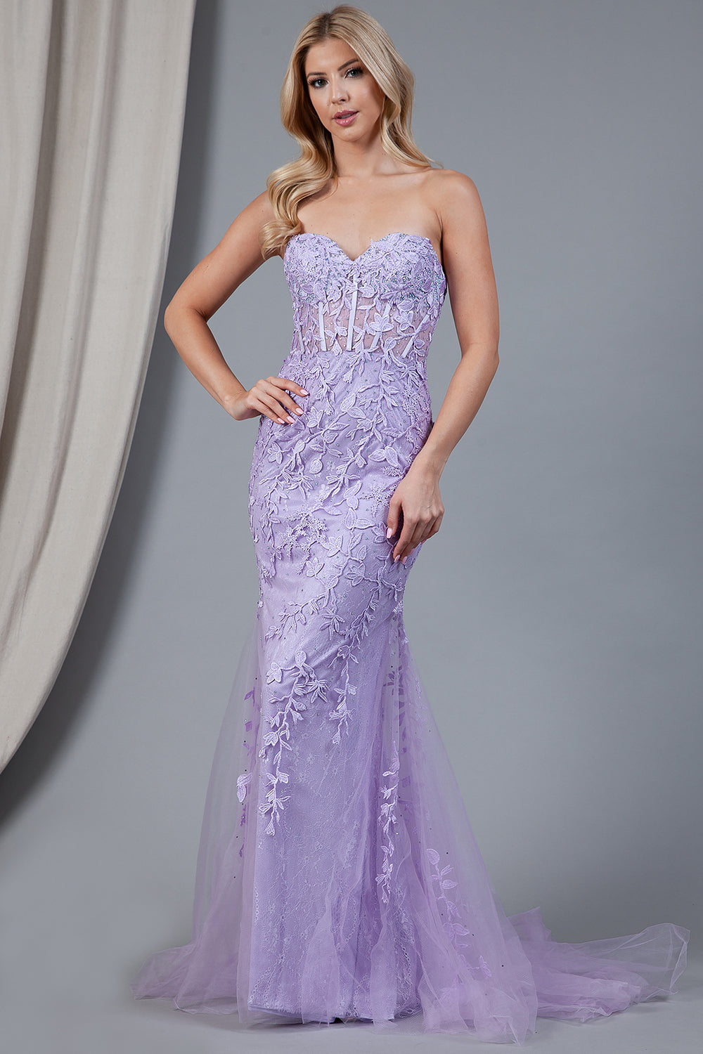 7024 strapless lace mermaid gown, lilac, front view