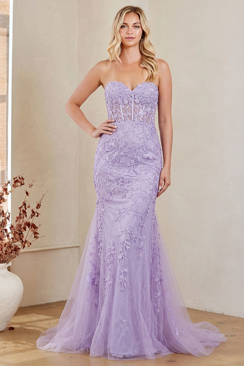 7024 strapless lace mermaid gown, lilac, front view
