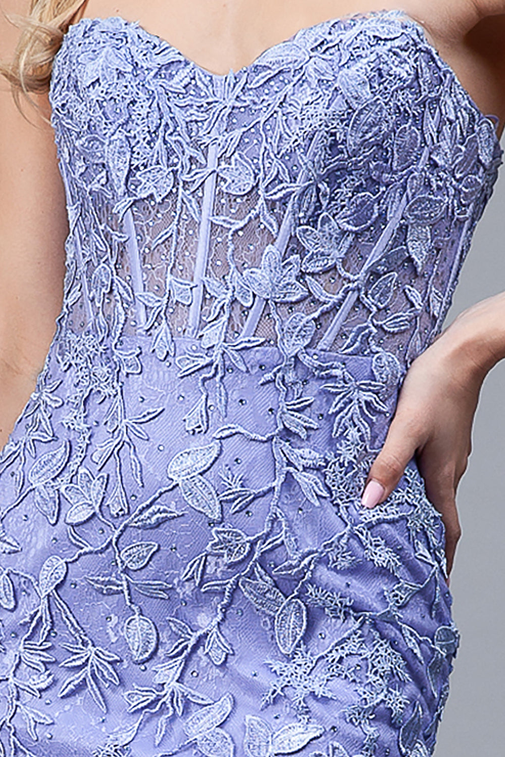 7024 strapless lace mermaid gown, periwinkle blue, detail view