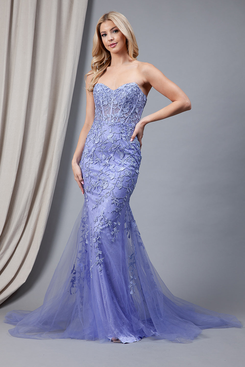 7024 strapless lace mermaid gown, periwinkle blue, front view