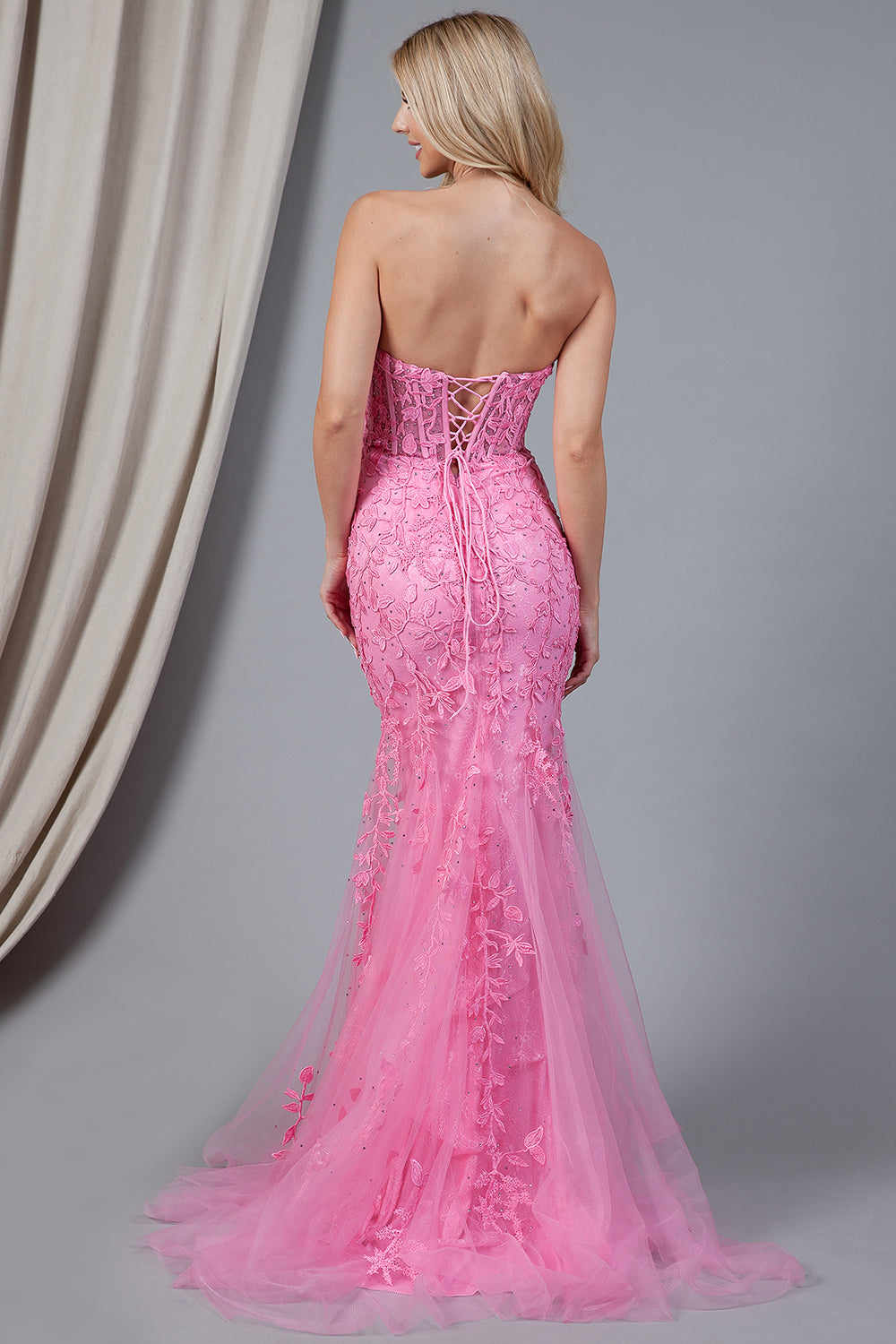 7024 strapless lace mermaid gown, pink, back view