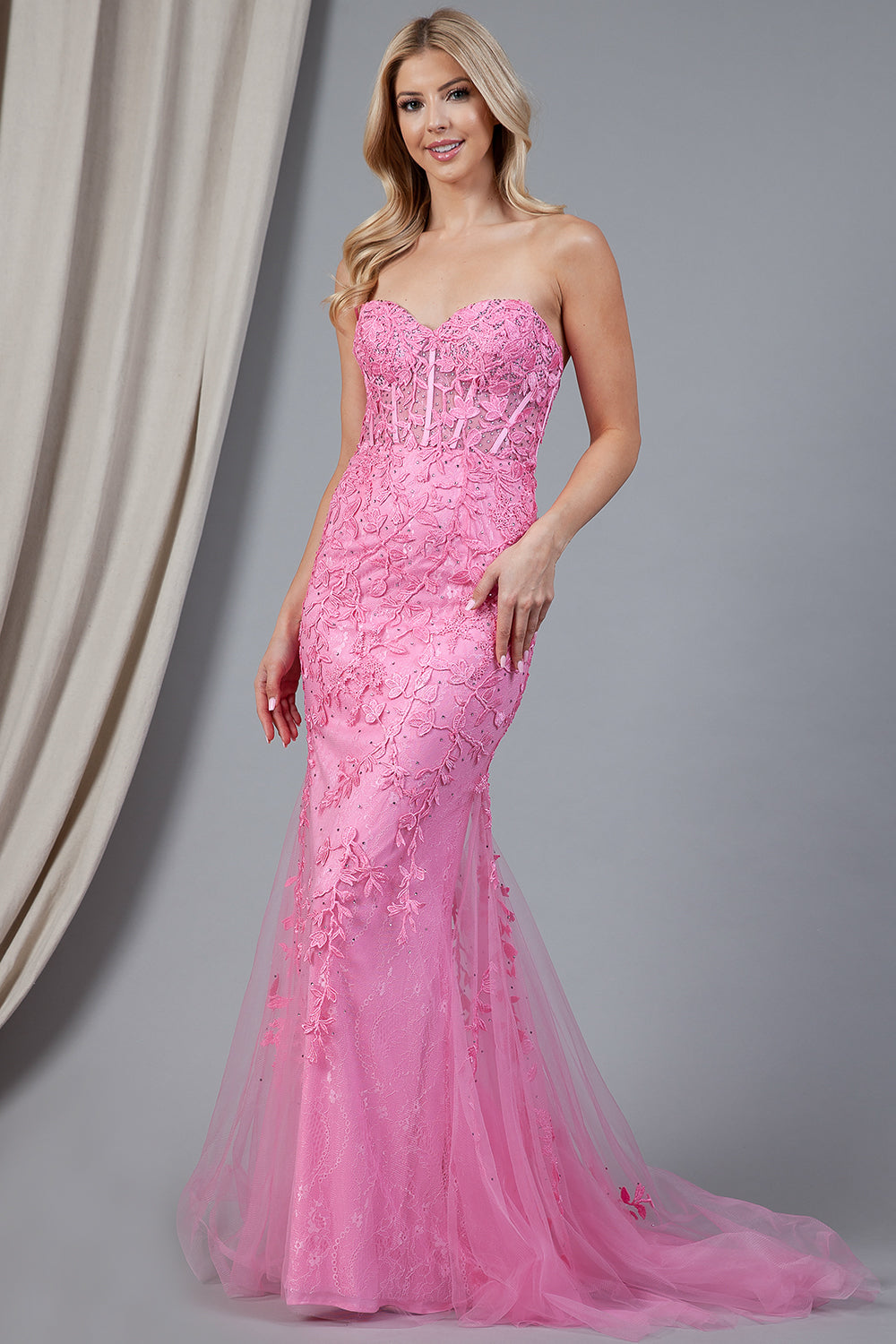 7024 strapless lace mermaid gown, pink, front view