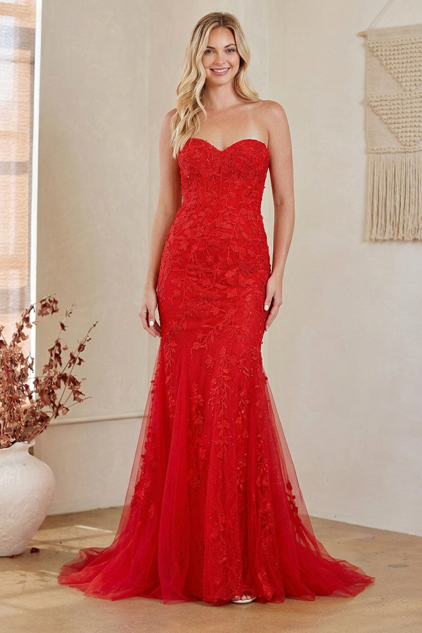7024 strapless lace mermaid gown, red, front view