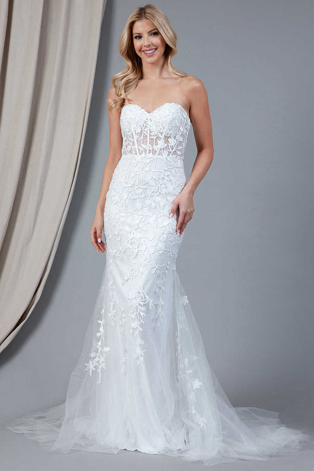 7024 strapless lace mermaid gown, white, front view