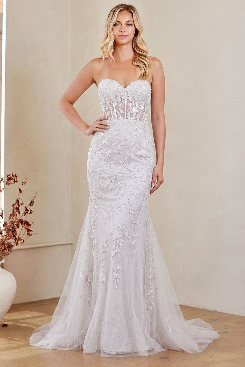 7024 strapless lace mermaid gown, white, front view
