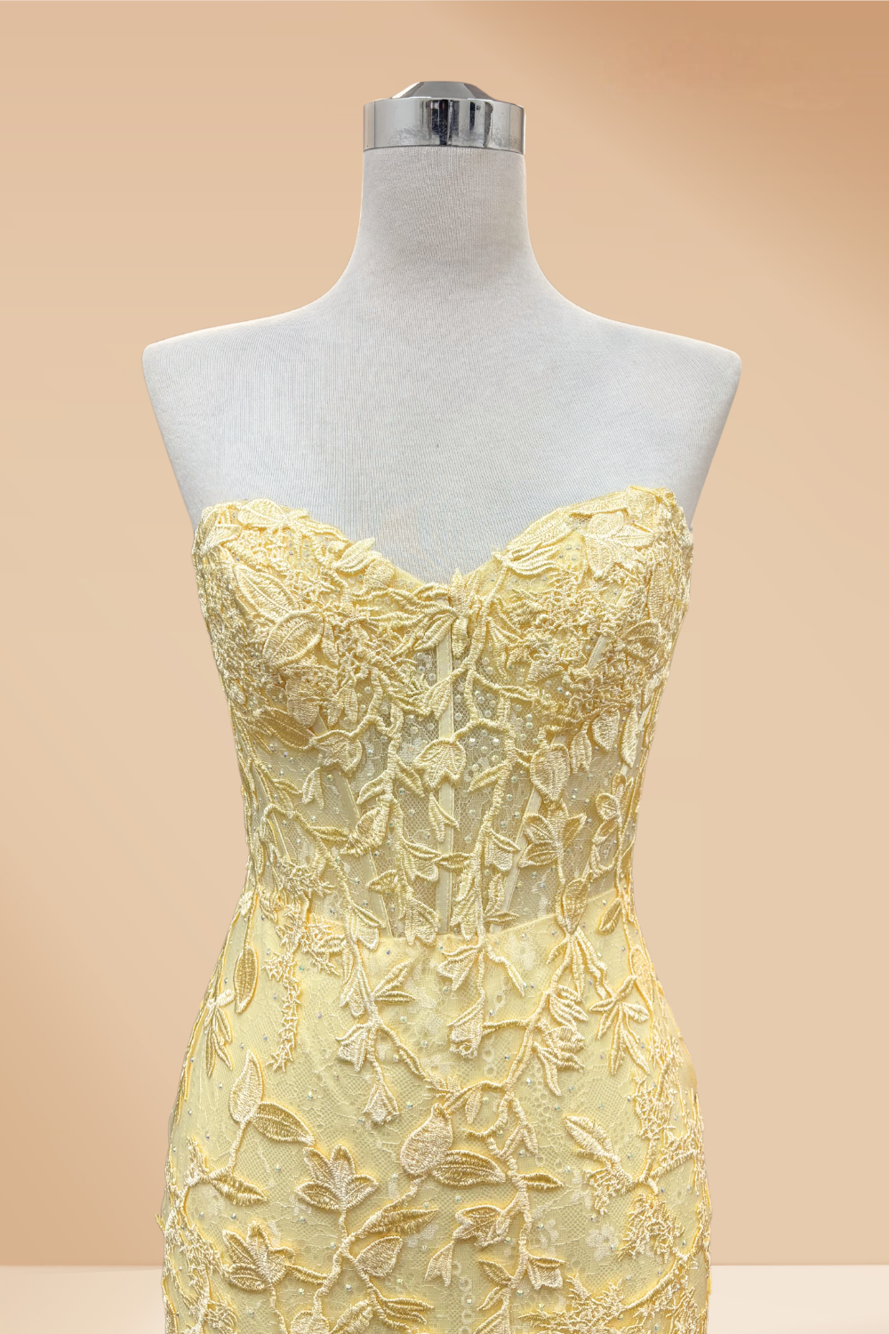 7024 strapless lace mermaid gown, yellow, detail view