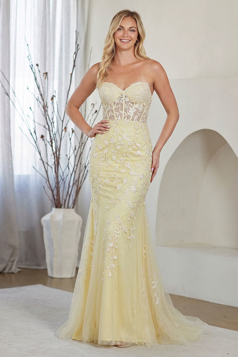 7024 strapless lace mermaid gown, yellow, front view