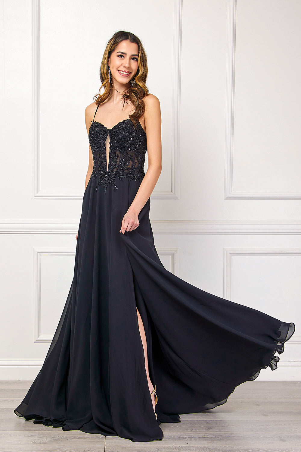 7066 lace bodice flowing a-line gown, black, front view