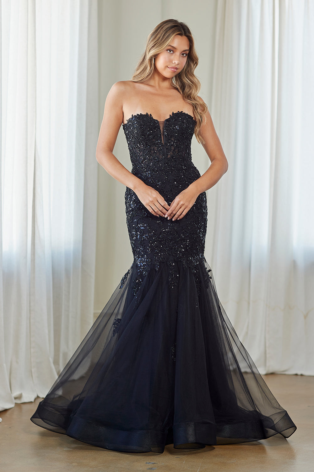 AC9070 embellished strapless mermaid gown, black, front view