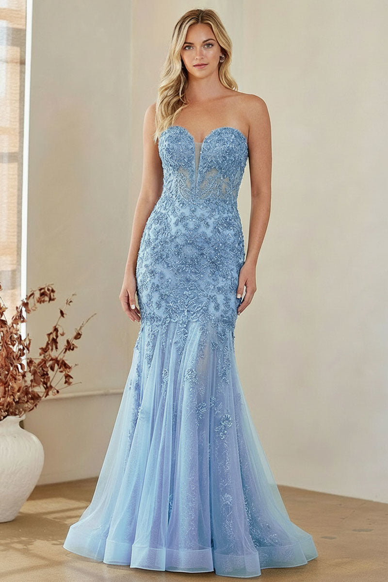 AC9070 embellished strapless mermaid gown, blue, front view