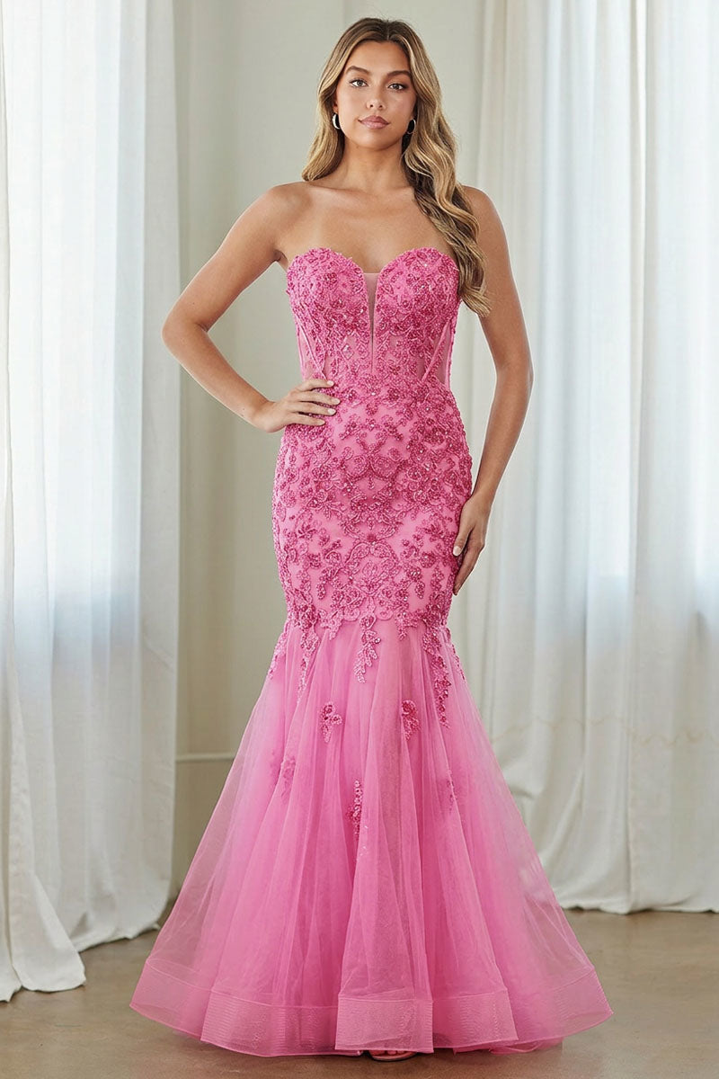 AC9070 embellished strapless mermaid gown, pink, front view