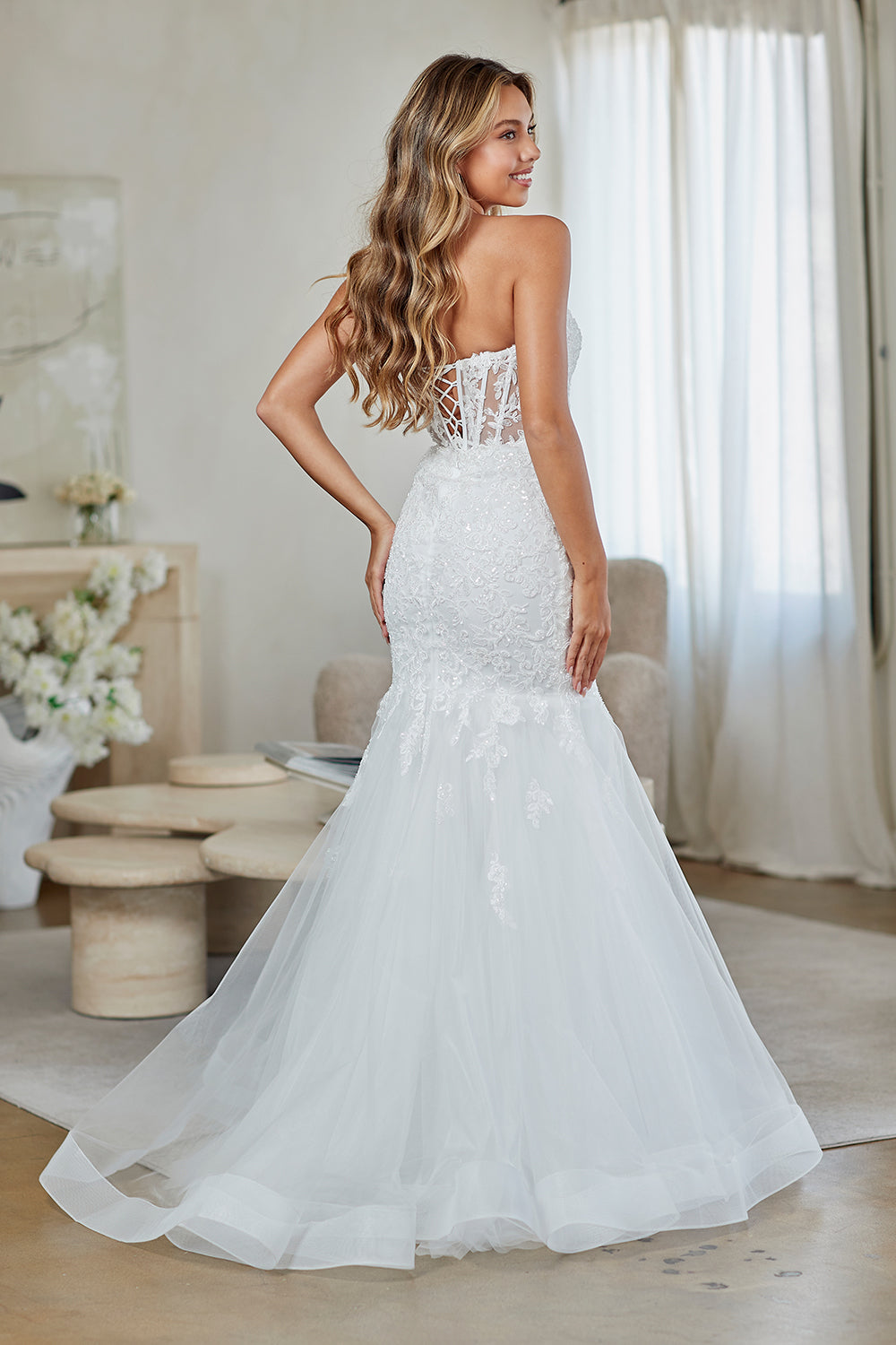 AC9070 embellished strapless mermaid gown, white, back view