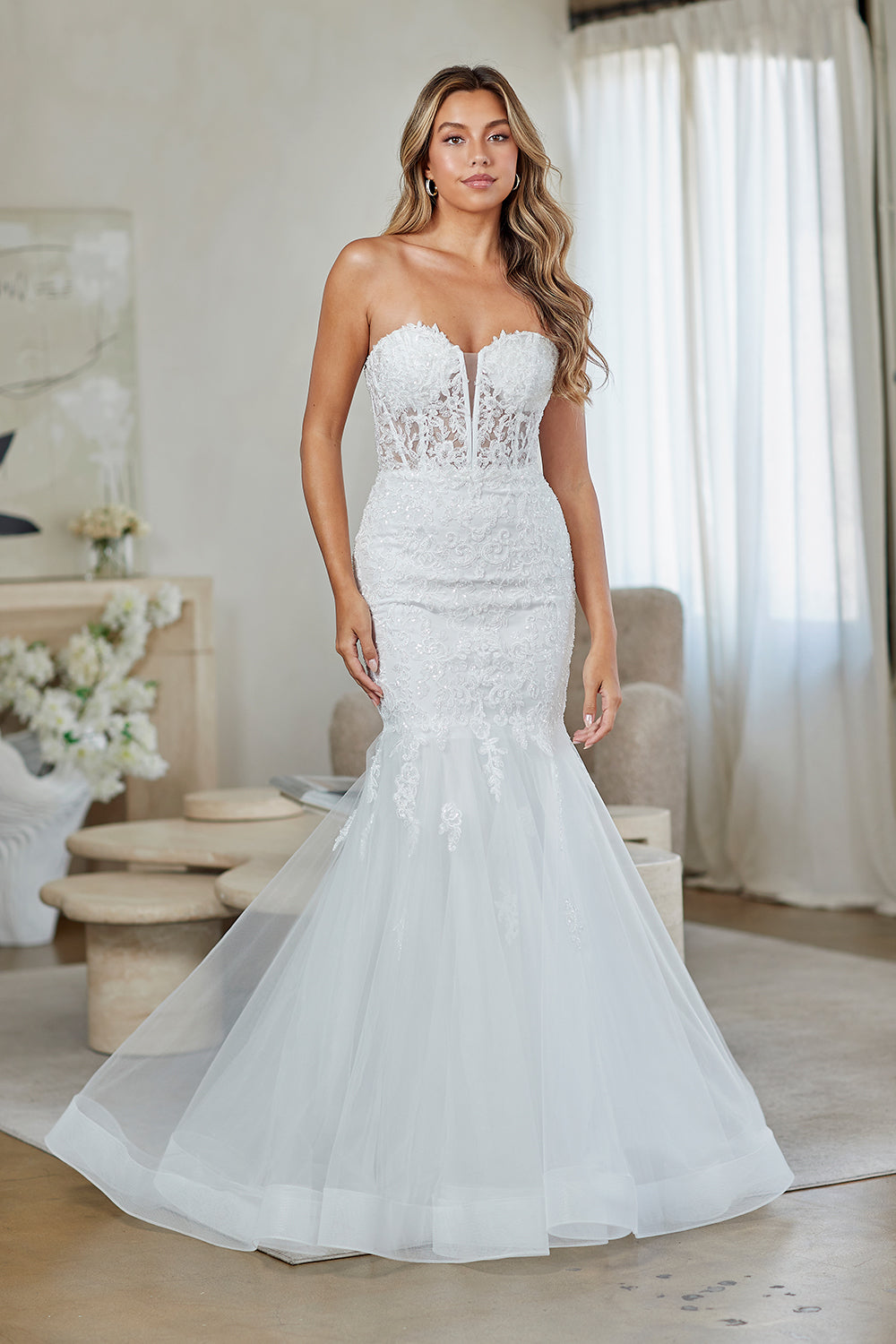 AC9070 embellished strapless mermaid gown, white, front view