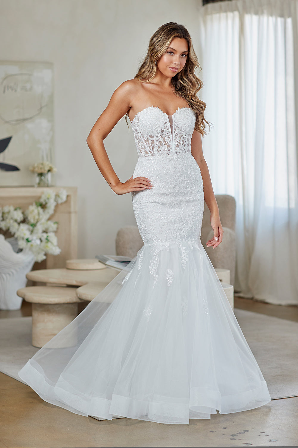 AC9070 embellished strapless mermaid gown, white, front view