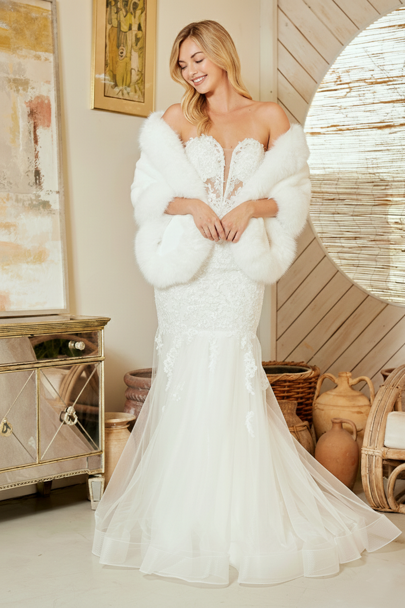 AC9070 embellished strapless mermaid gown, white, lifestyle view