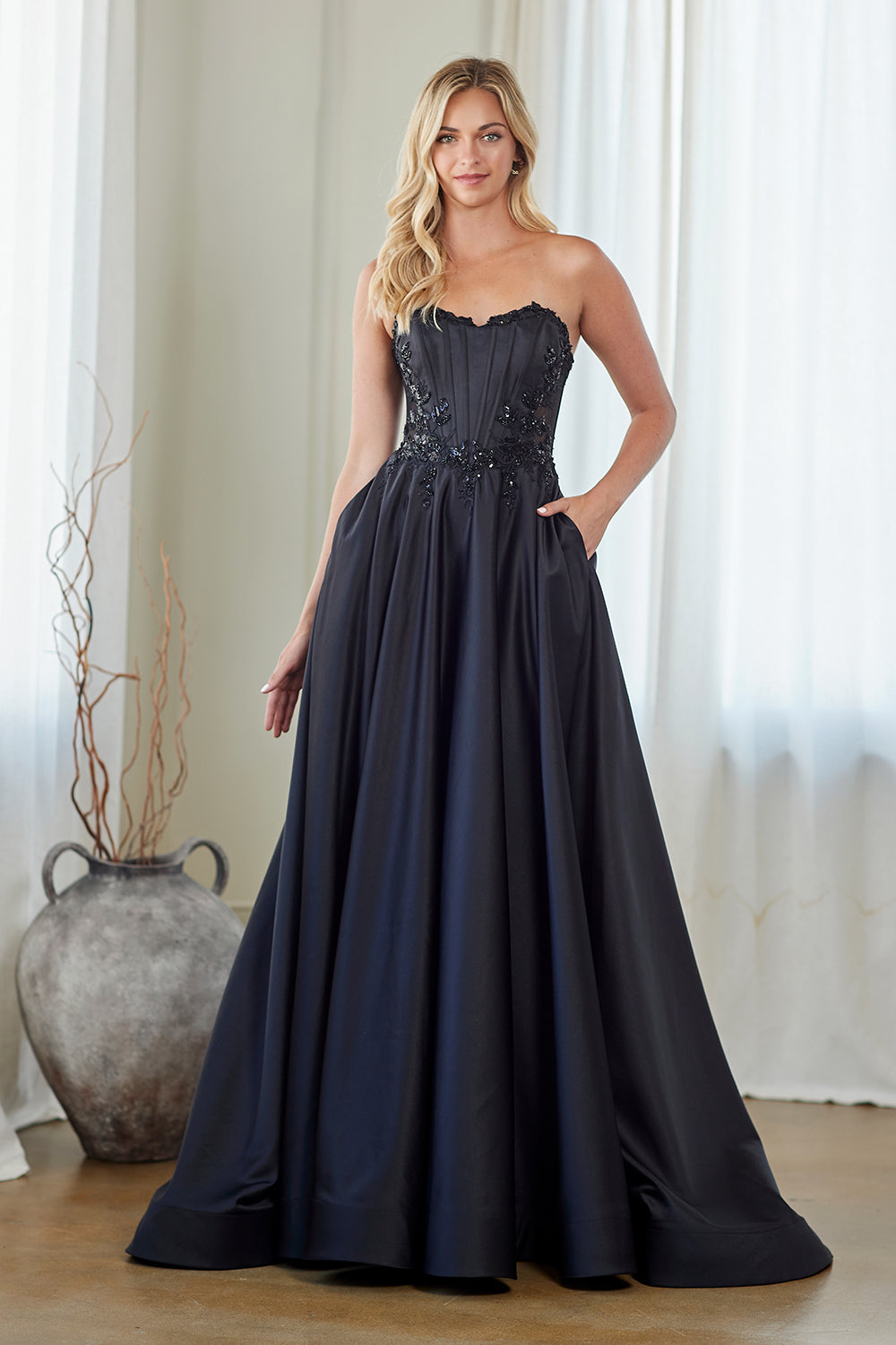7093 strapless corset a-line evening gown, black, front view