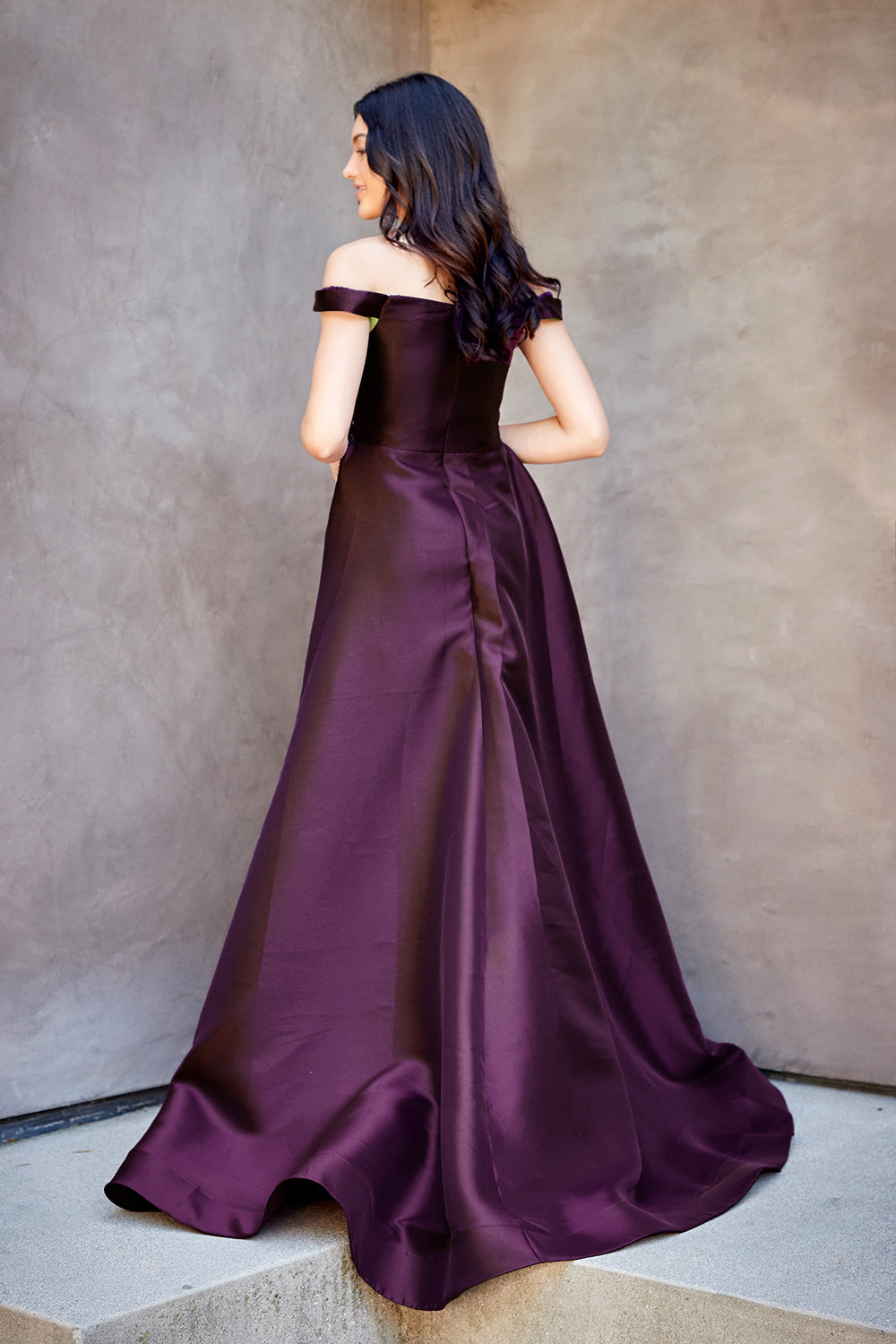 7094 off-shoulder draped evening gown, eggplant, back view