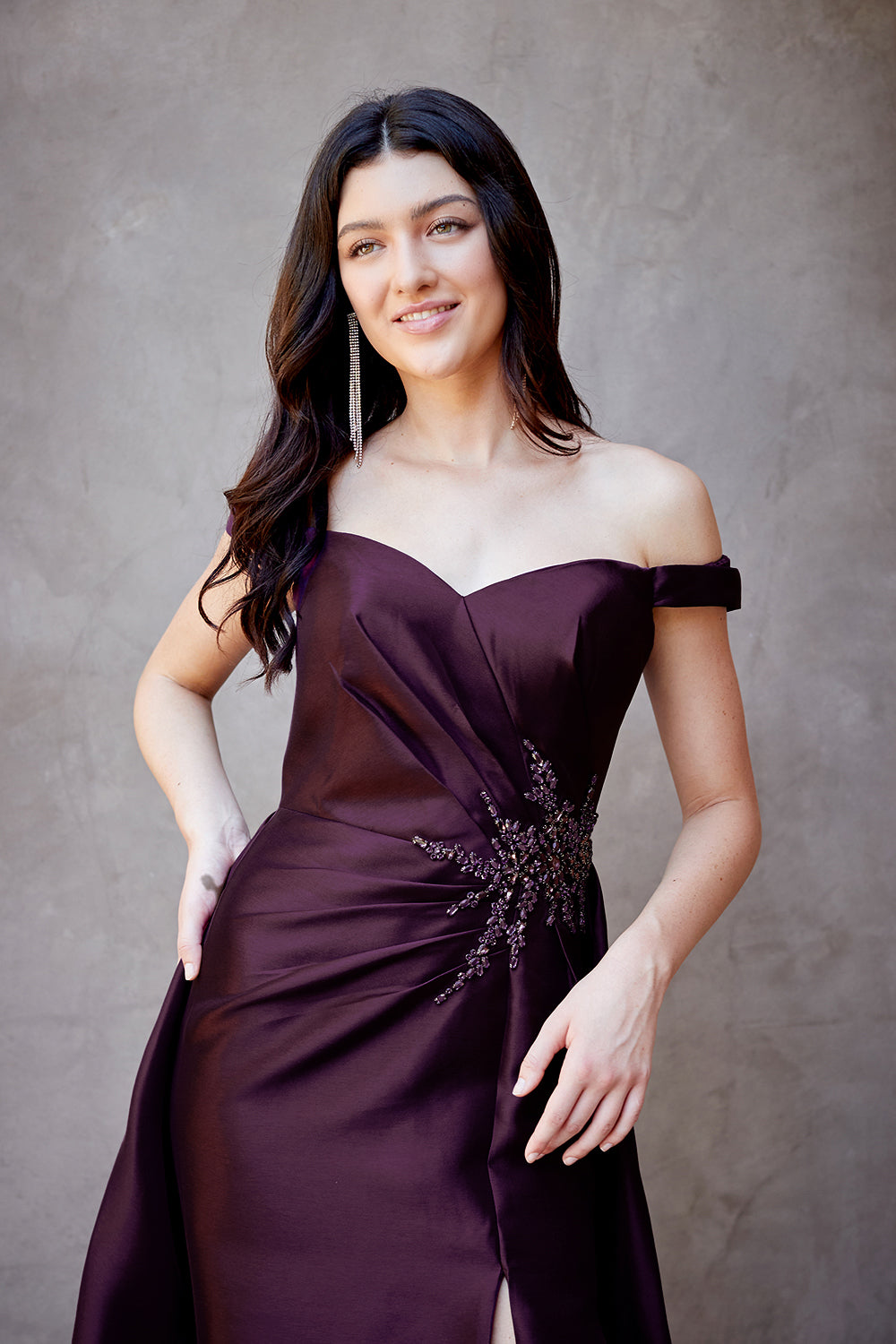 7094 off-shoulder draped evening gown, eggplant, detail view