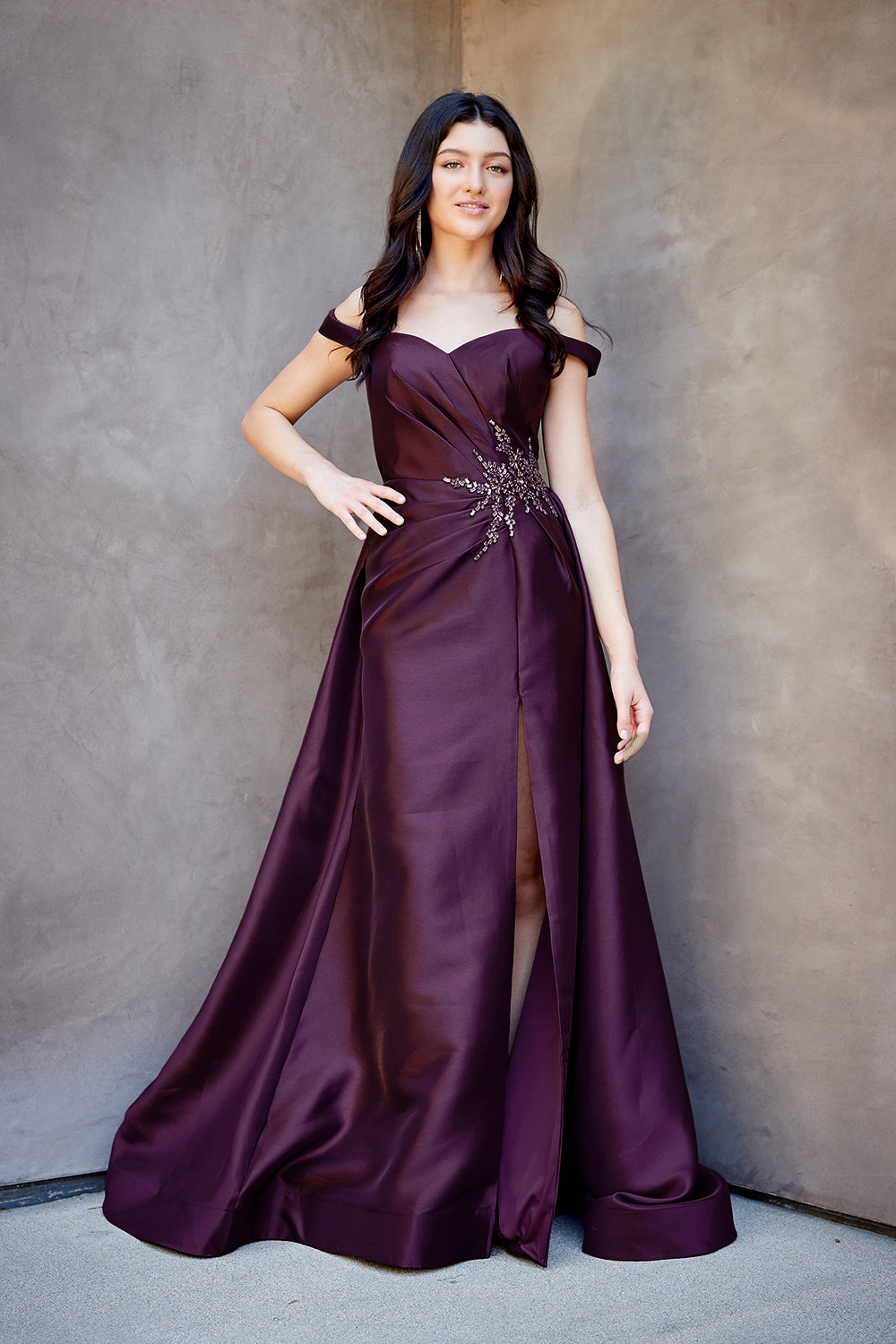7094 off-shoulder draped evening gown, eggplant, front view