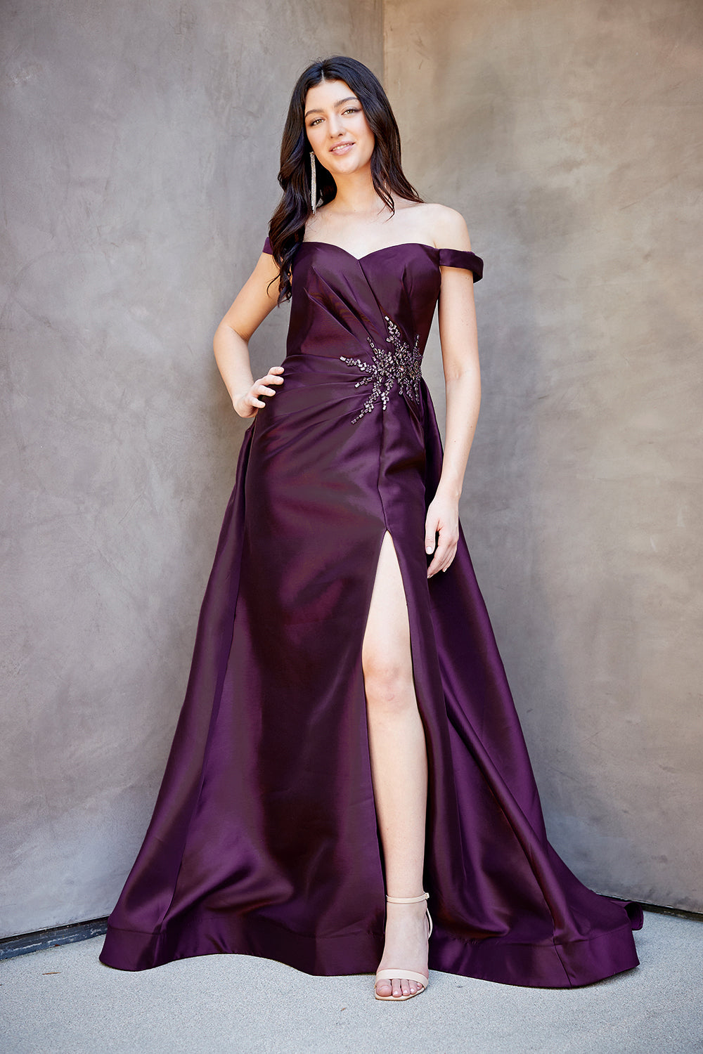 7094 off-shoulder draped evening gown, eggplant, front view