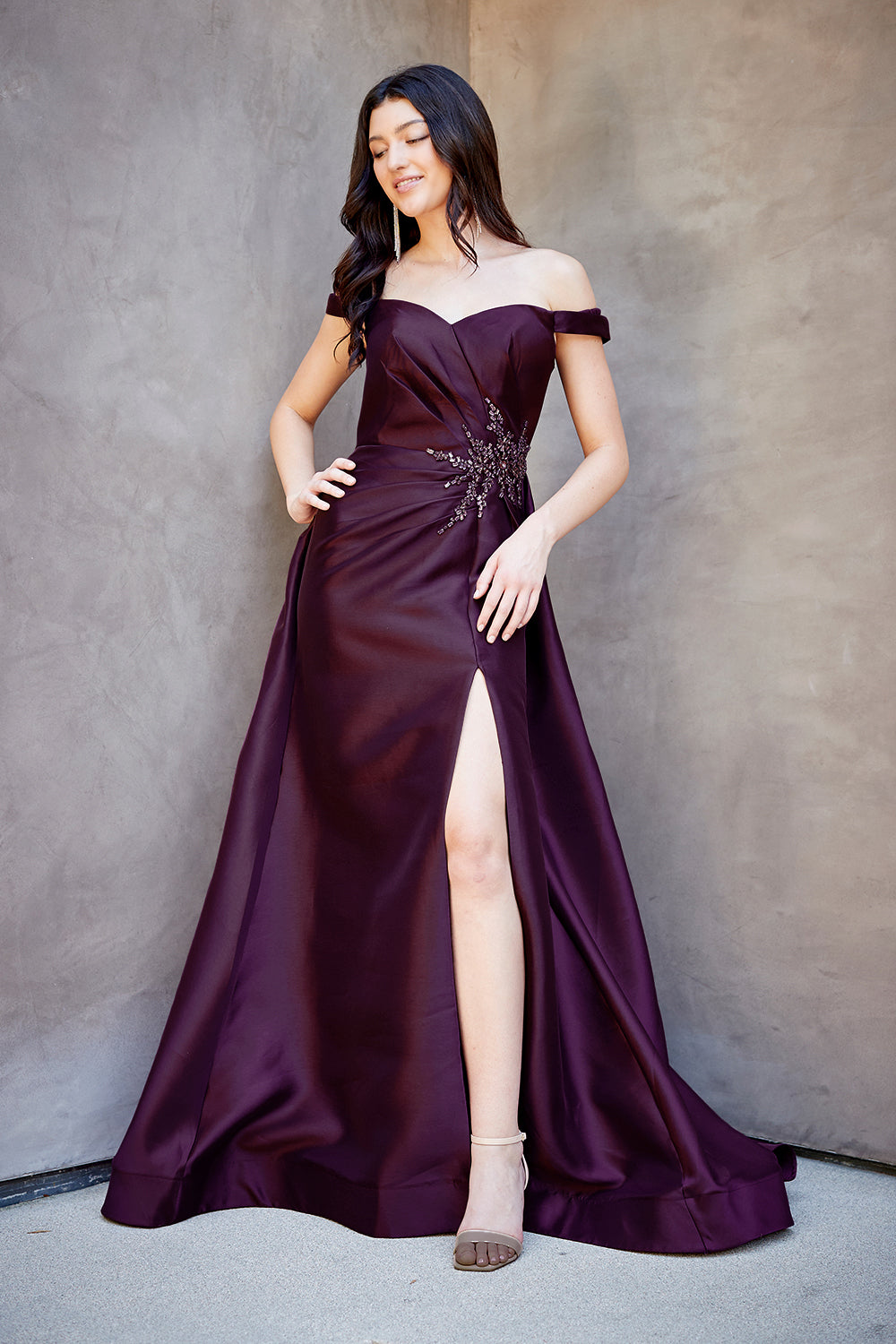 7094 off-shoulder draped evening gown, eggplant, front view