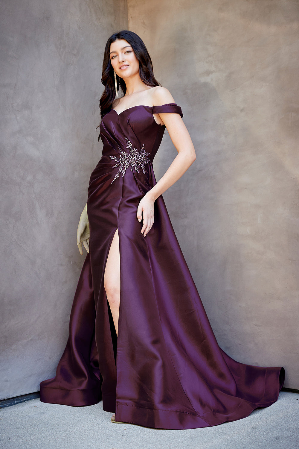 7094 off-shoulder draped evening gown, eggplant, side view