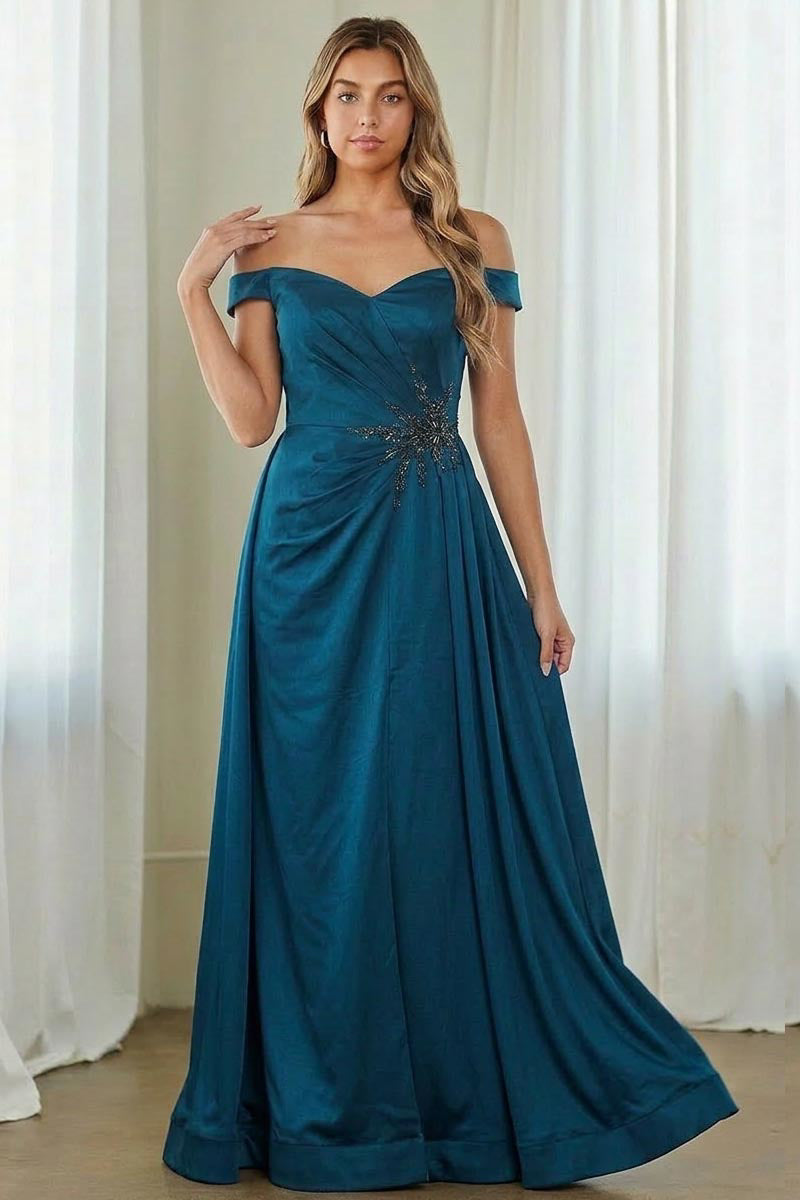 7094 off-shoulder draped evening gown, teal, front view