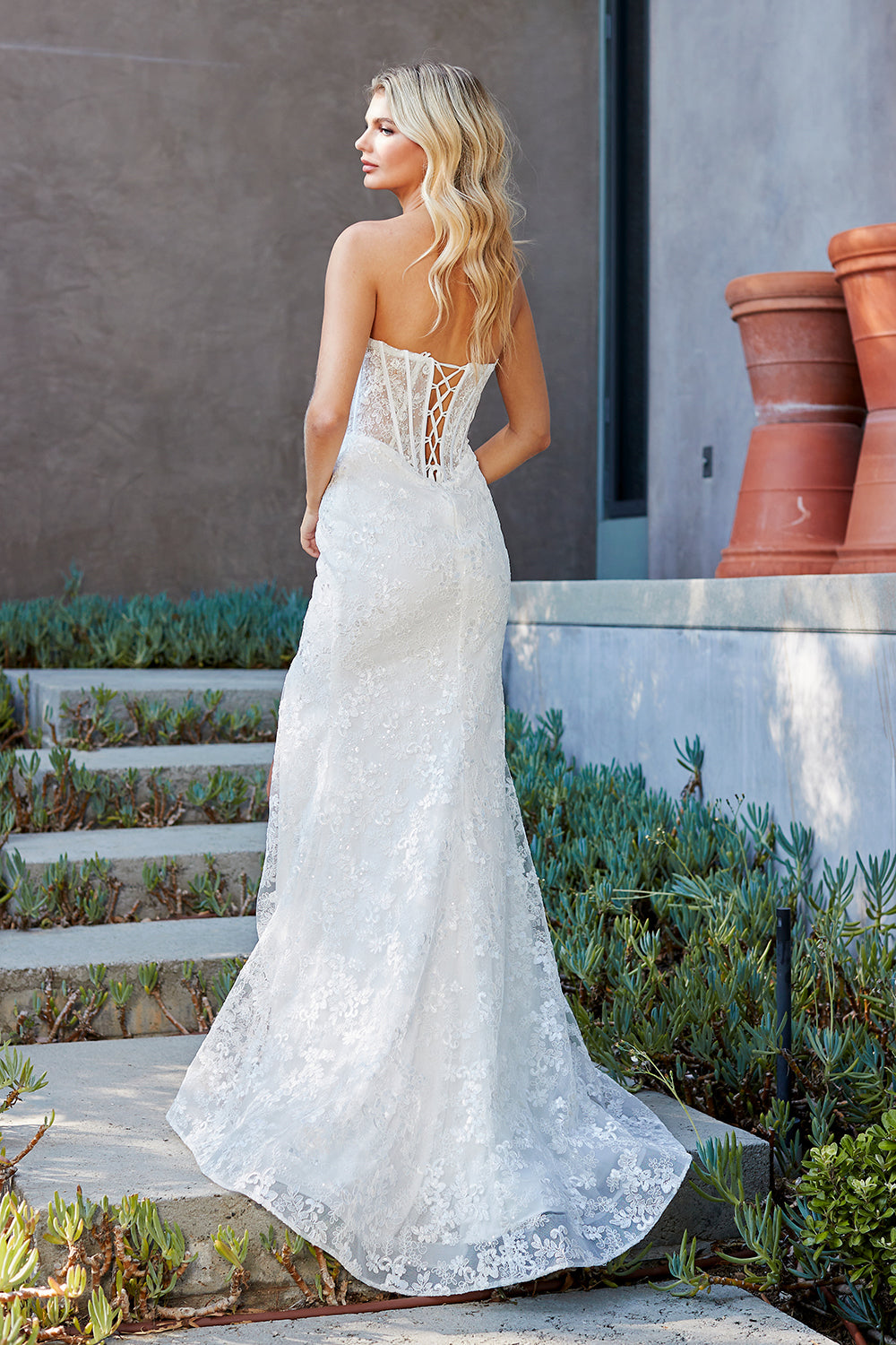 7097 strapless lace corset bridal gown, white, back view