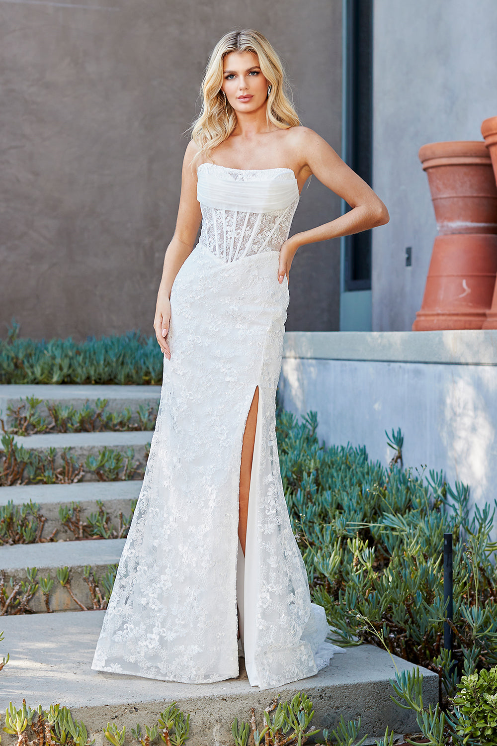 7097 strapless lace corset bridal gown, white, front view