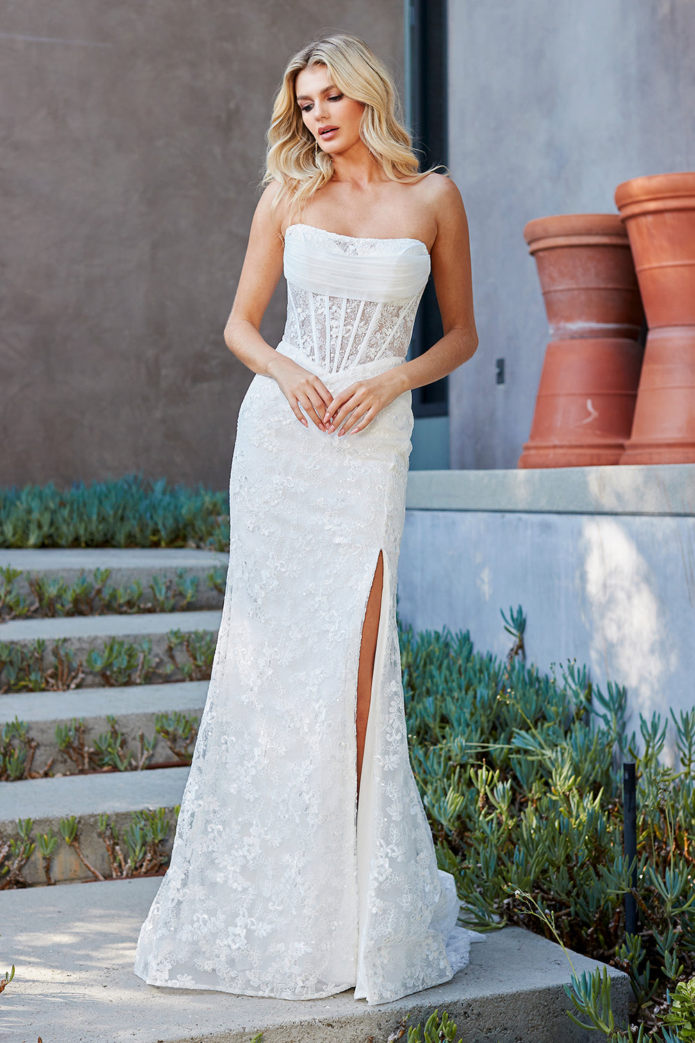 7097 strapless lace corset bridal gown, white, front view