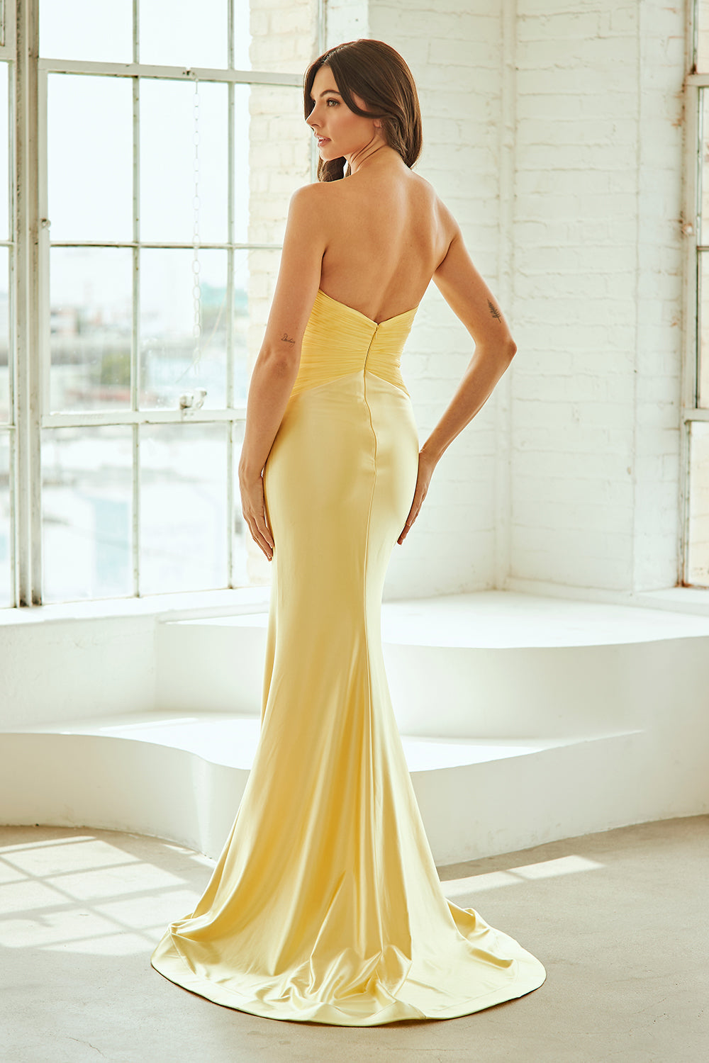 Mitchel embellished plunge evening gown, yellow, back view