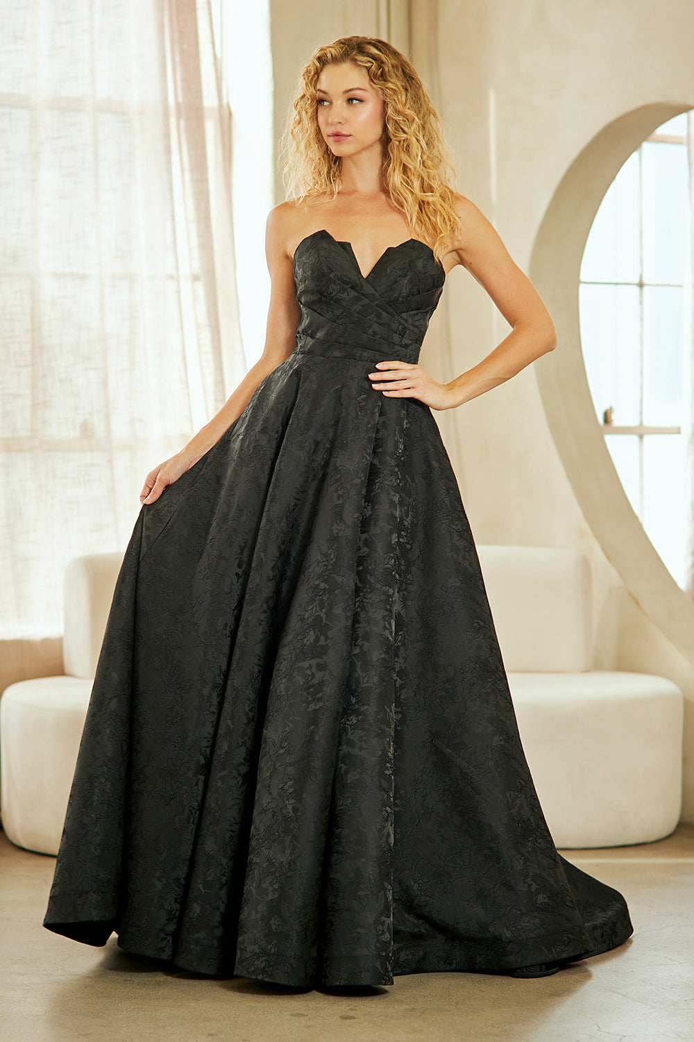 8061 strapless lace ball gown, black, front view