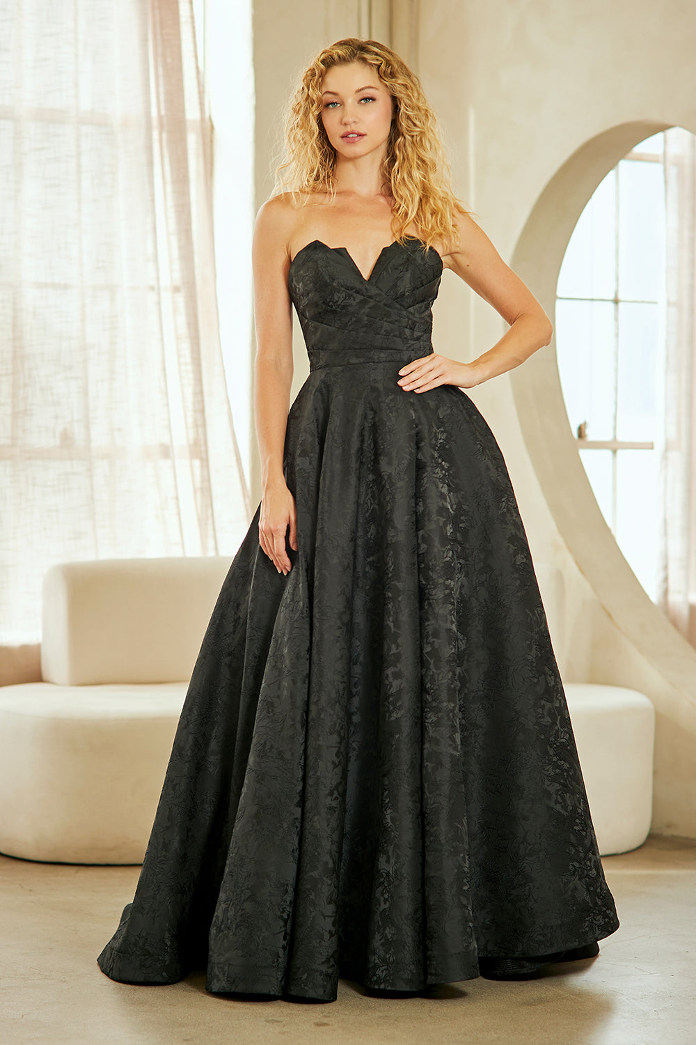 8061 strapless lace ball gown, black, front view
