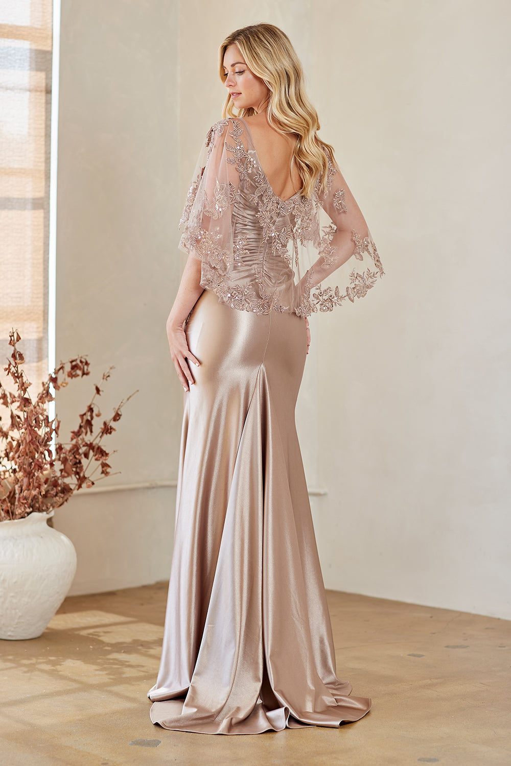 8073 lace cape sleeve evening gown, taupe, back view