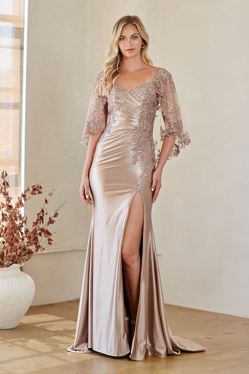 8073 lace cape sleeve evening gown, taupe, front view
